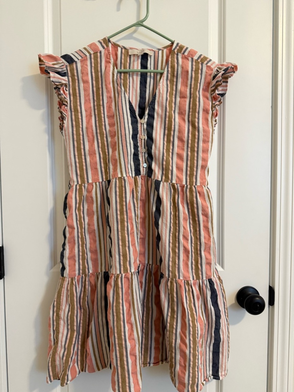 Loft Women's Babydoll Dress Striped, Feminine, Tiered, V-Neck, Cotton, Size XS